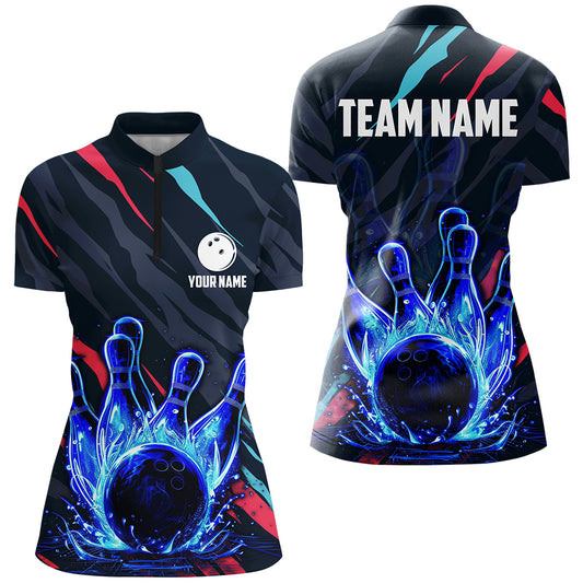 Custom Blue Light Neon Bowling Shirt Women Water Bowling Team Jersey 1/4 Zip QZT475