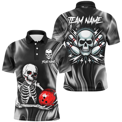 A black polo shirt with a bowling-themed graphic that includes the text 'YOURNAME' and 'TEAM NAME' and a skull holding bowling ball, front and back view mockup, designed for men.
