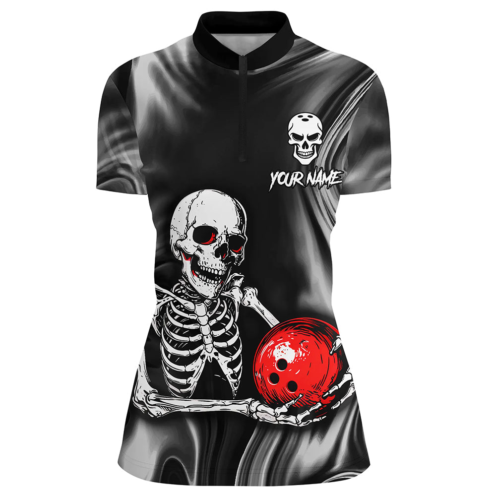 Skull Bowling Shirt Personalized Bowling Team League Skull 1/4 Zip Shirt for Women QZT285