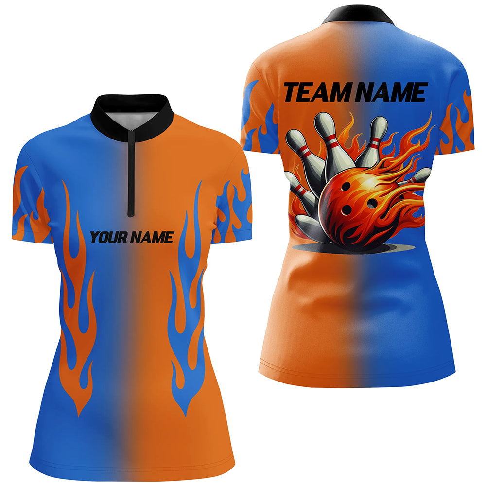 Custom Bowling Shirt Flame Bowling Team Jersey Quarter Zip Bowling Shirt for Women QZT292