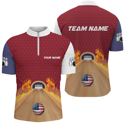 Personalized Bowling Shirt with Name Quarter-Zip Bowling Jersey for Men Flame Bowling Shirt Unisex QZT286