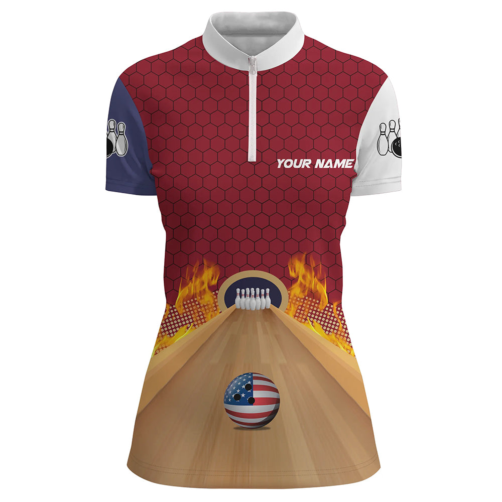 Personalized Bowling Shirt with Name Quarter-Zip Bowling Jersey for Women Flame Bowling Shirt Unisex QZT286