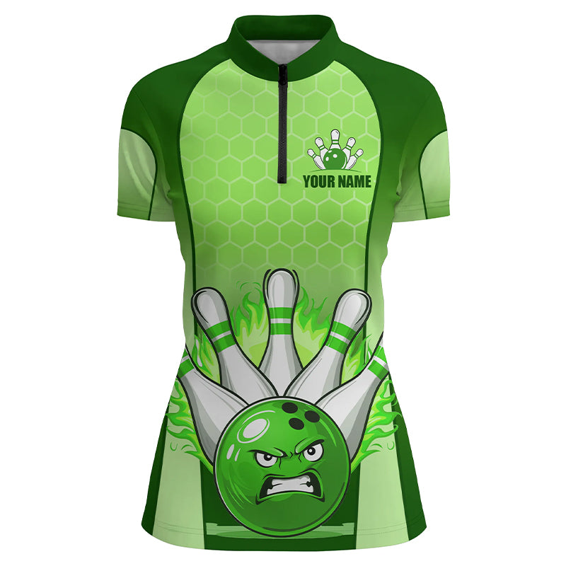 Personalized Bowling Shirt Green 1/4 Women Zip Bowling Jersey Bowling Team League Unisex QZT278