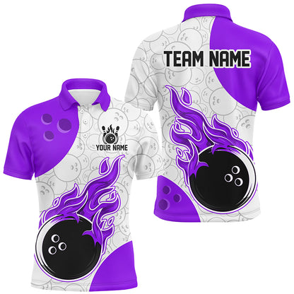 An purple and white flames bowling shirt with a personalized text and logo, featuring a flame graphic design.