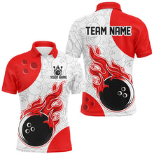Load image into Gallery viewer, An red and white bowling shirt with a personalized text and logo, featuring a flame graphic design.