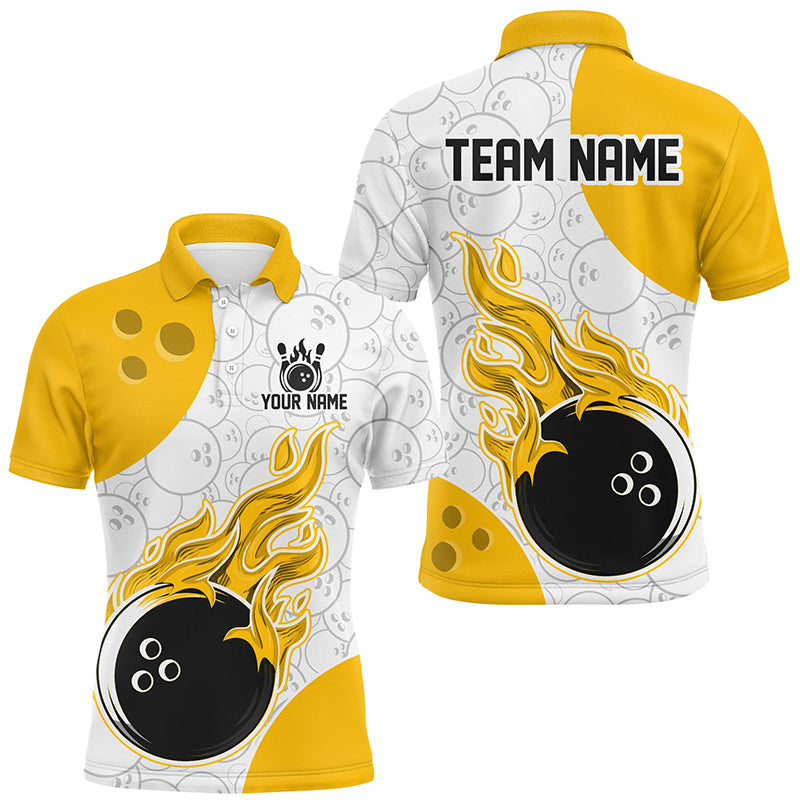 An yellow and white flames bowling shirt with a personalized text and logo, featuring a flame graphic design.