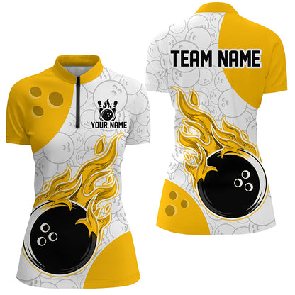 Bowling jersey with flame design and customizable text on a white background
