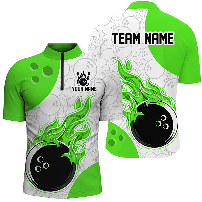 Bowlling jersey with green flames and customizable text on a white background
