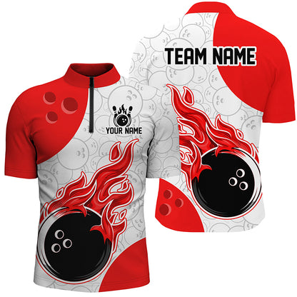 Red, white, and black bowling jersey with flame design and customizable text on a white background