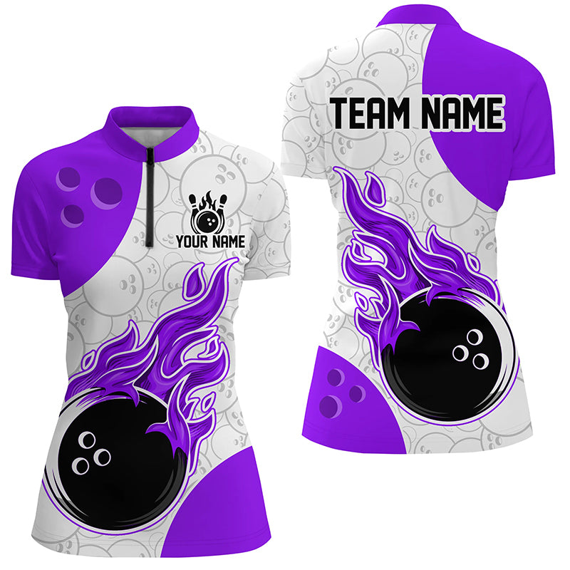 Bowling jersey with purple and white design featuring flames and a bowling ball, customizable text areas.