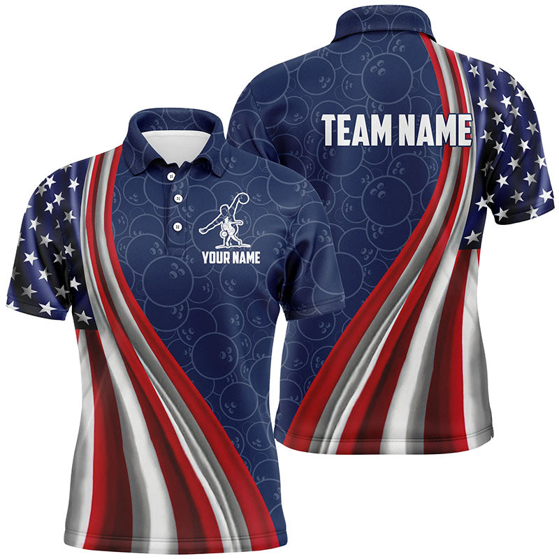 Custom american flag bowling ball pattern bowling polo shirt, front and back views, bowling league jersey for men