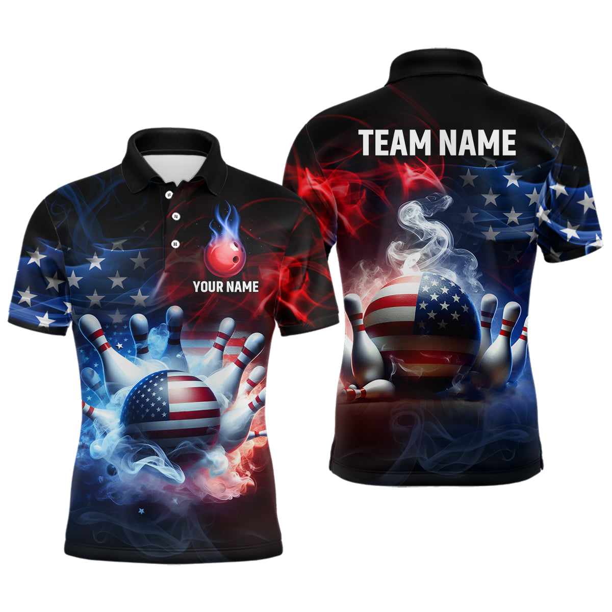 Custom 3D Smoke Bowling Shirts for Men US Flag Bowling Jersey Polo Bowling Performance QZT496