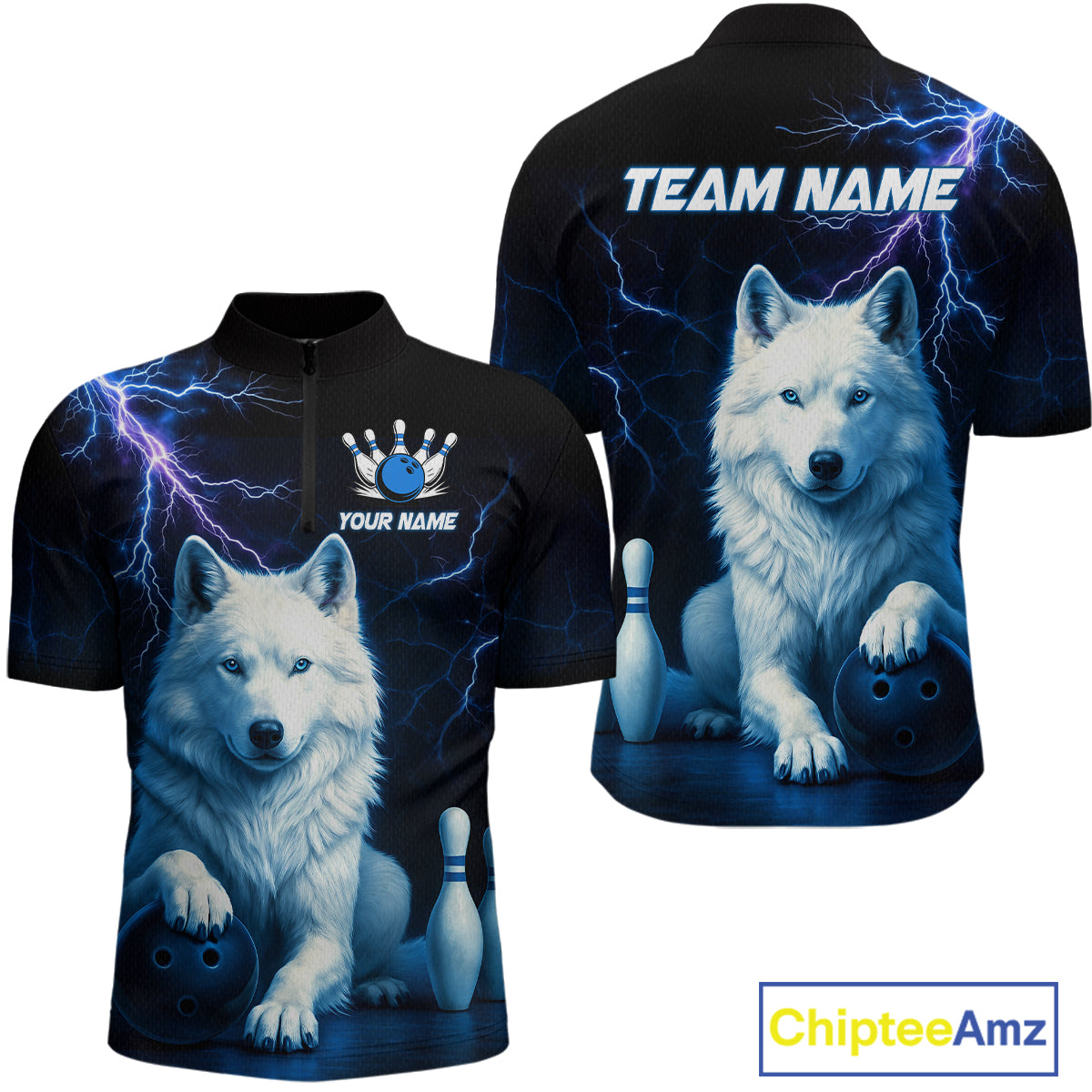 Custom Bowling Shirts for Men White Wolf Bowling Polo & Quarter-Zip Jersey Thunder Bowling Outfit QZT701