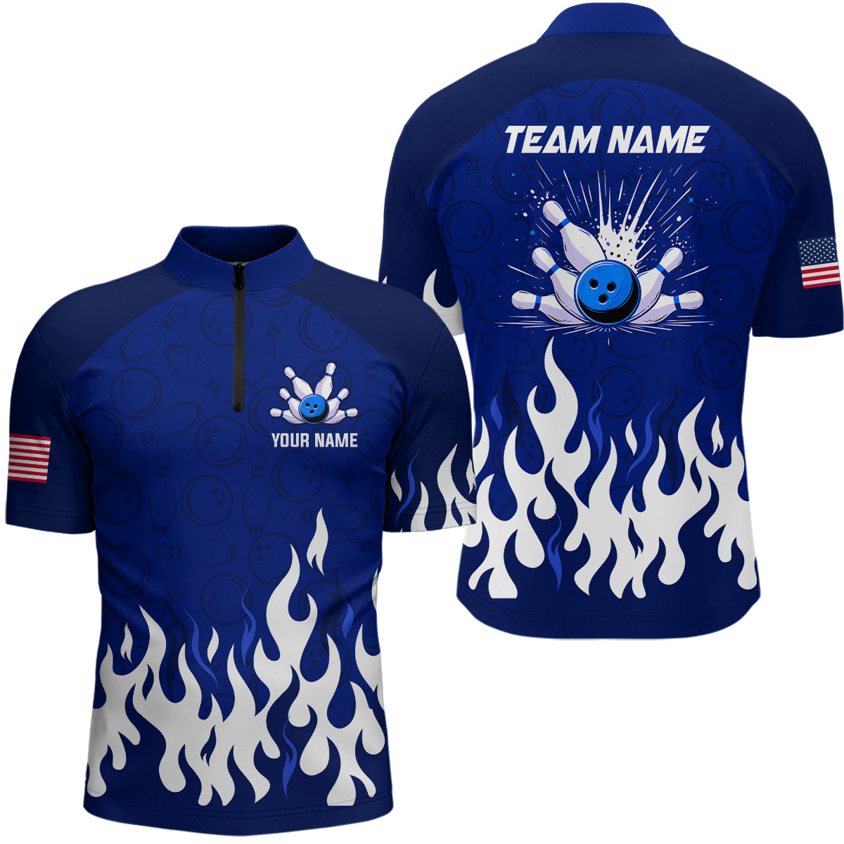 Navy Bowling Shirt Unisex Flame Bowling Jersey Men Quarter Zip Bowling Shirt QZT272