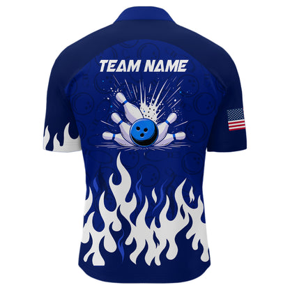 Navy Bowling Shirt Unisex Flame Bowling Jersey Men Quarter Zip Bowling Shirt QZT272