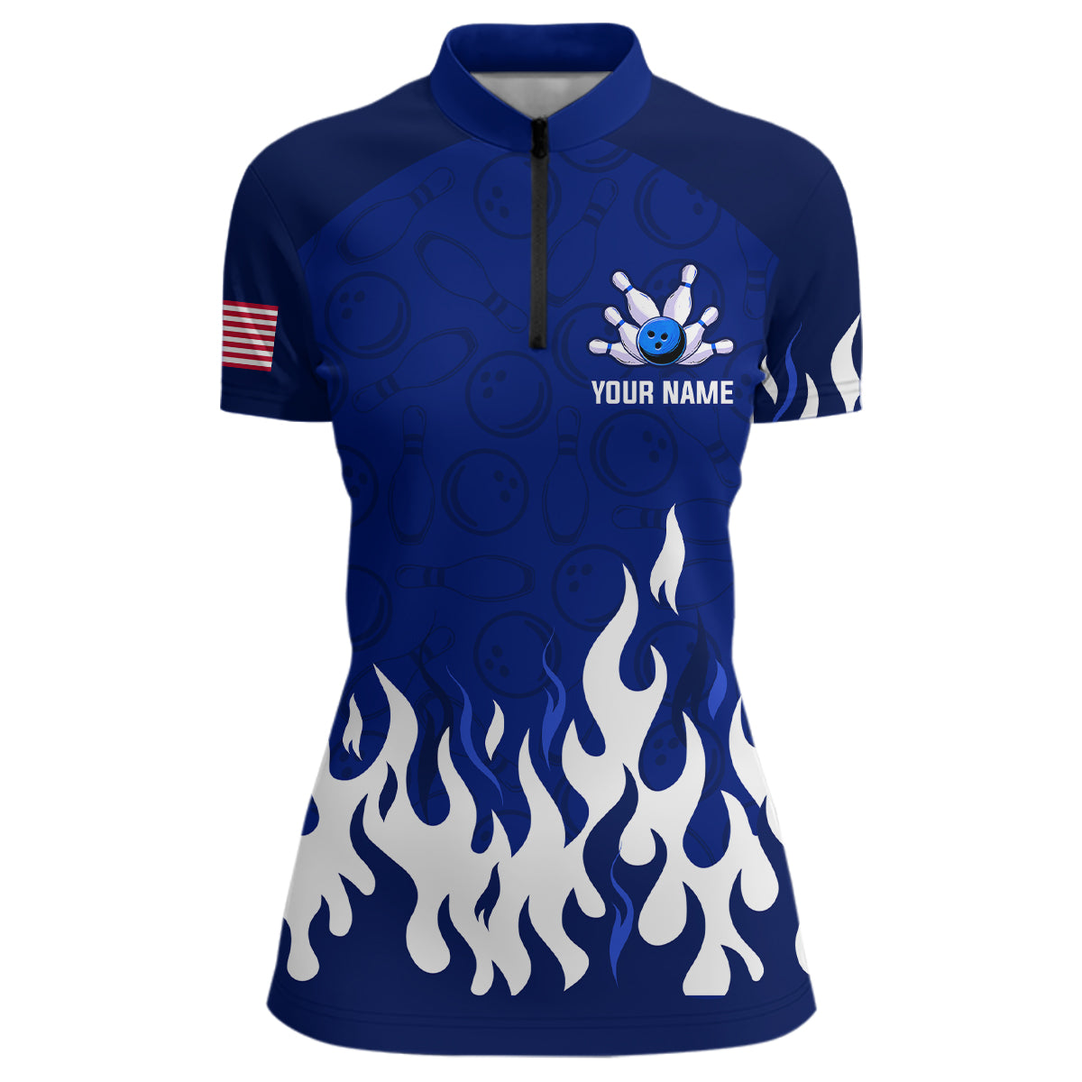 Navy Bowling Shirt Unisex Flame Bowling Jersey Women Quarter Zip Bowling Shirt QZT272