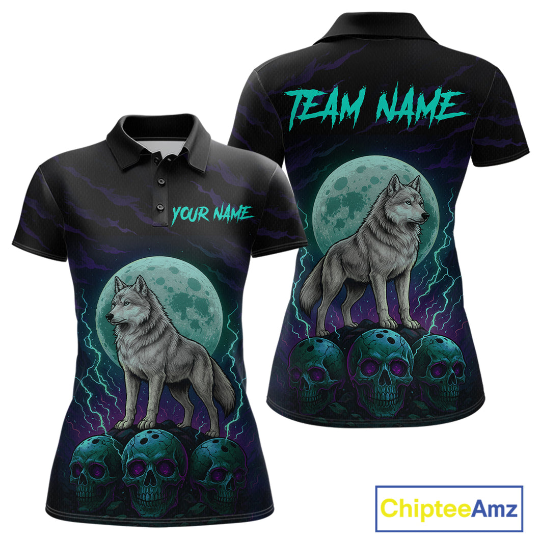 Teal And Purple Wolf & Skull Bowling Team Shirt for Women Custom Bowling League Jersey Bowling Unisex QZT750