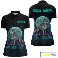 Load image into Gallery viewer, Teal And Purple Wolf &amp; Skull Bowling Team Shirt for Women Custom Bowling League Jersey Bowling Unisex QZT750