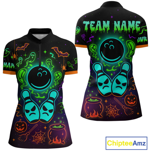 Custom Neon Bowling Team Shirt Halloween Polo & Quarter-Zip Bowling Jersey for Women QZT731