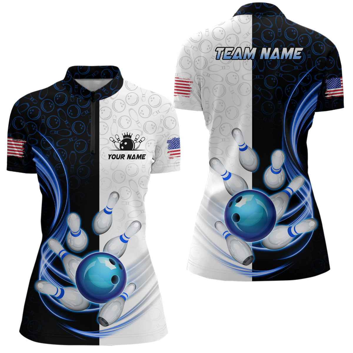 Custom Bowling Shirts for Women Camo Bowling Jersey 1/4 Zip Bowling Team League QZT449