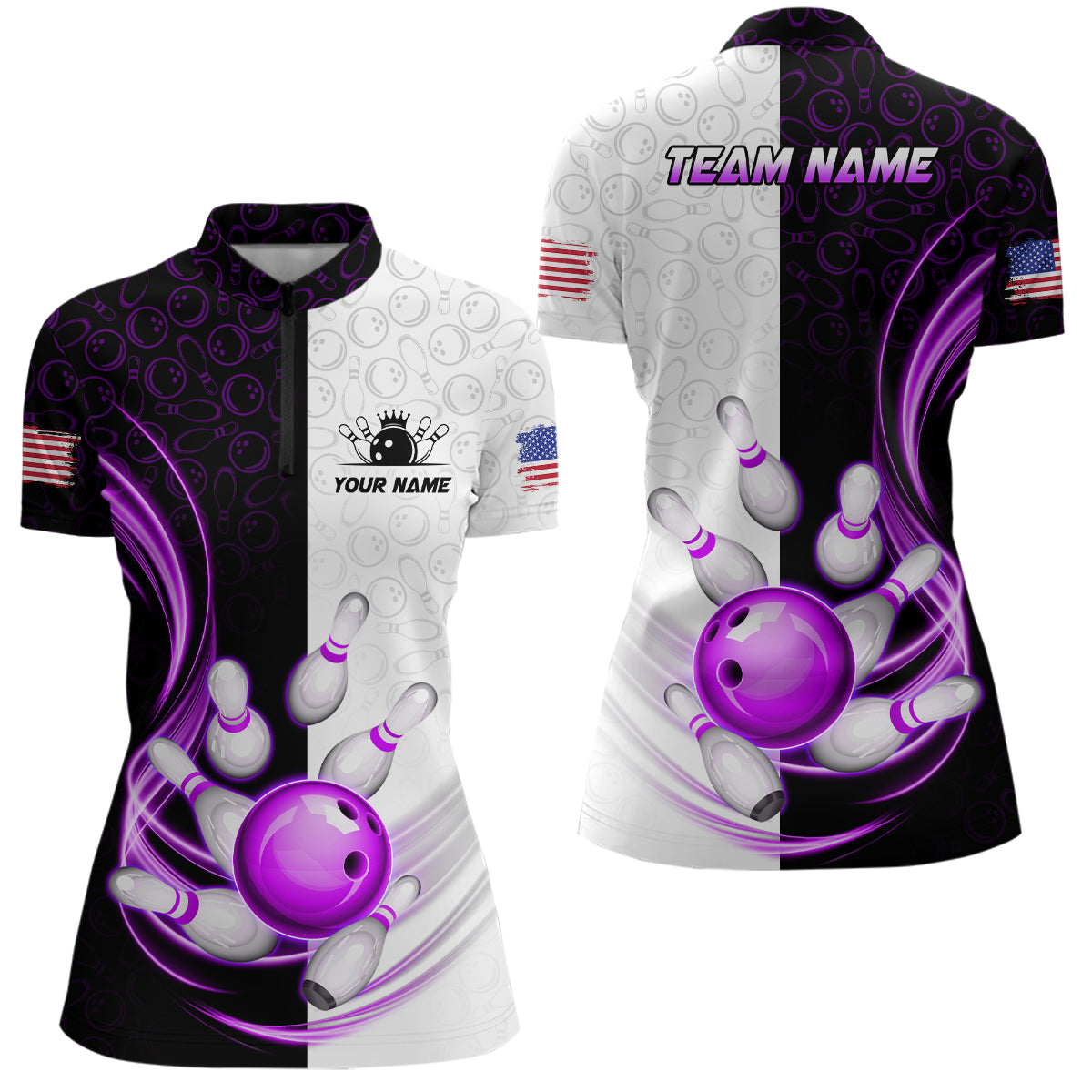 Custom Bowling Shirts for Women Camo Bowling Jersey 1/4 Zip Bowling Team League QZT449