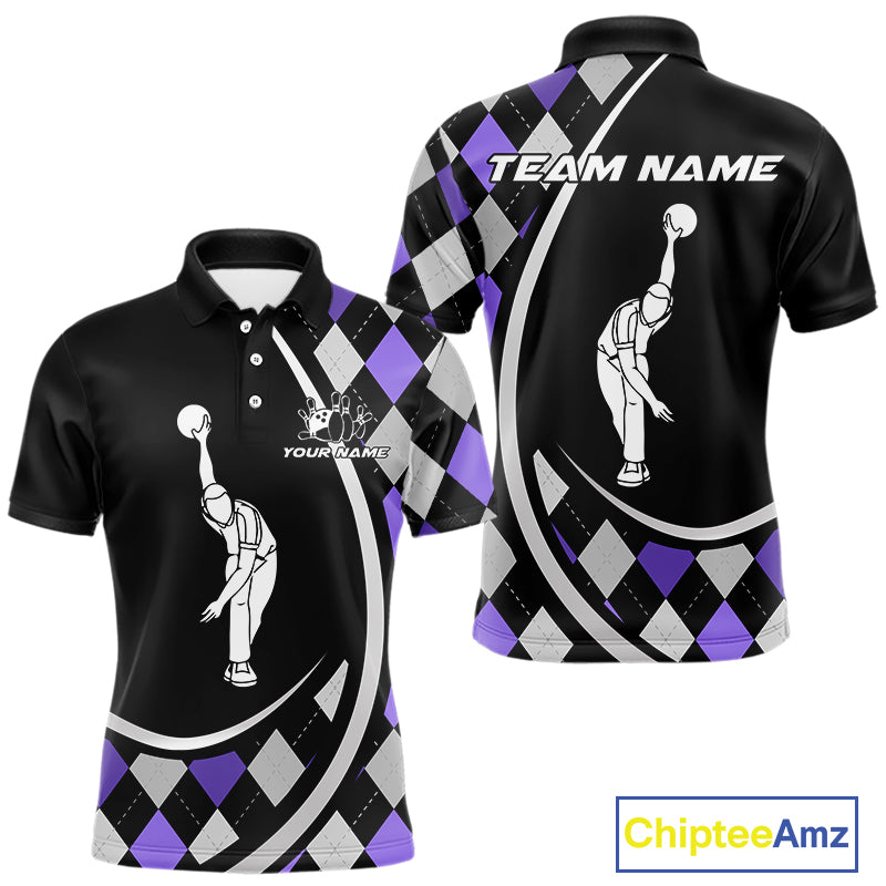 Purple Argyle Pattern Bowling Jersey for Men Custom Polo & 1/4-Zip Bowling Team Shirt Bowling Gift QZT725