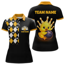 Load image into Gallery viewer, Black polo shirt with yellow accents featuring a cartoon chicken holding a bowling ball on the back, and a patterned collar on the front.