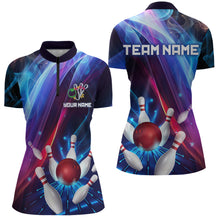 Load image into Gallery viewer, Personalized Galaxy Bowling Pins and Ball Shirt Blue &amp; Purple Neon 1/4-Zip Bowling Team League QZT664