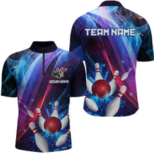 Load image into Gallery viewer, Personalized Galaxy Bowling Pins and Ball Shirt Blue &amp; Purple Neon 1/4-Zip Bowling Team League QZT664