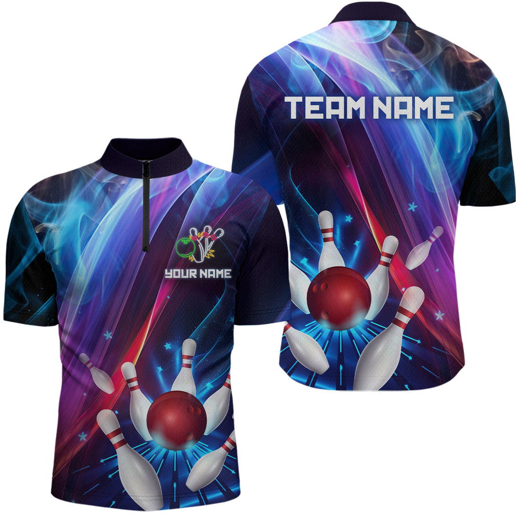 Personalized Galaxy Bowling Pins and Ball Shirt Blue & Purple Neon 1/4-Zip Bowling Team League QZT664
