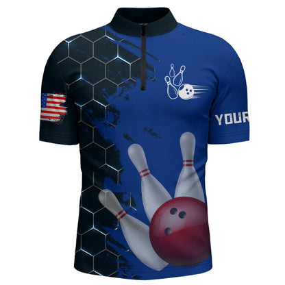 Navy & Black Bowling Shirt Customized Camo Bowling Shirt Quarter- Zip Bowling Team League for Men QZT266