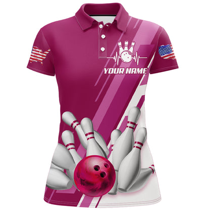 Women's Bowling Shirt Pink Polo Bowling Shirt Personalized Patriotic Bowling Shirt QZT281