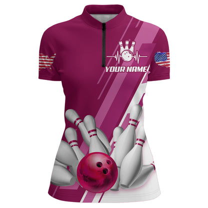 Women's Bowling Shirt Pink 1/4-Zip Bowling Shirt Patriotic Bowling Shirt QZT281