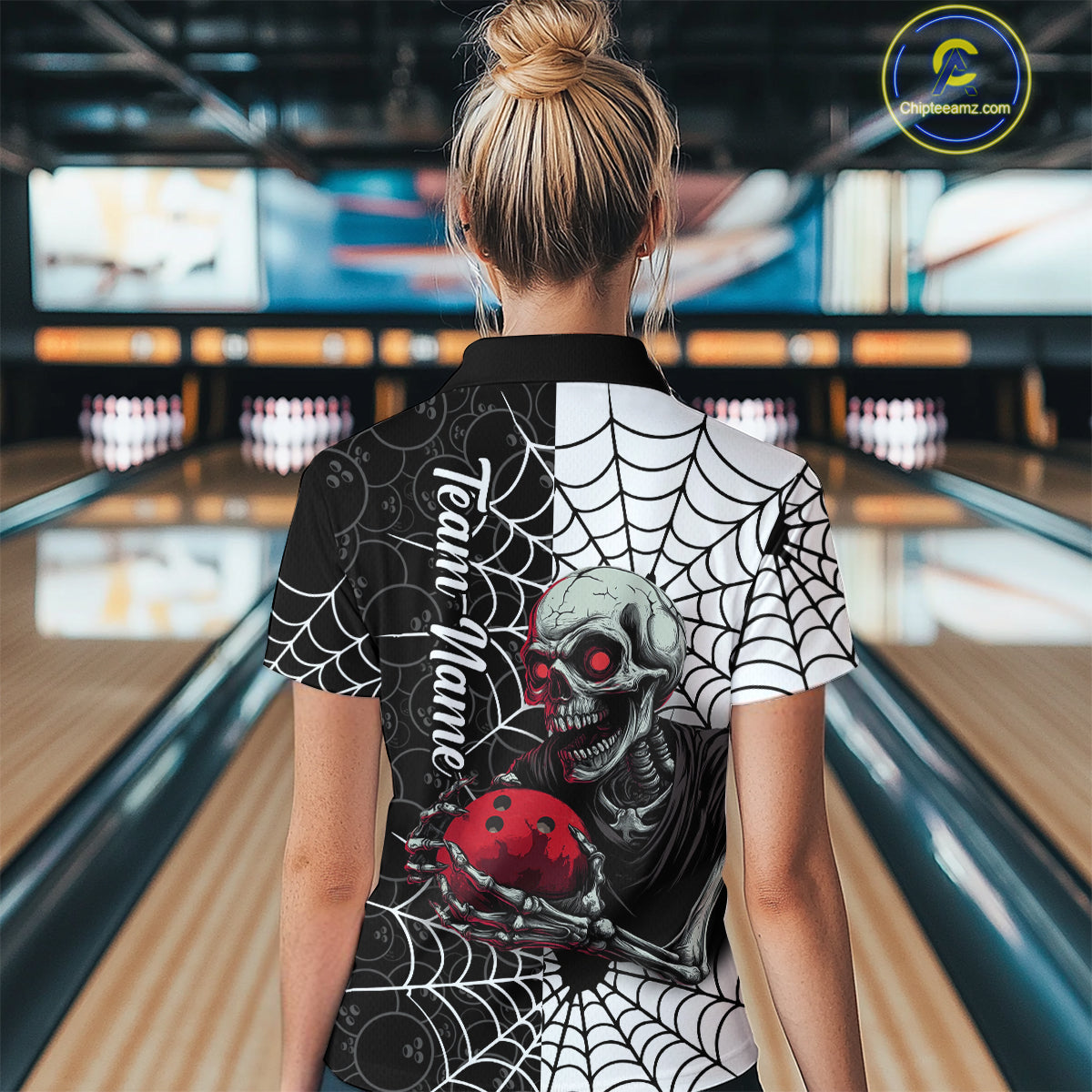 Black and White Skull Bowling Team Shirt Custom Spider Bowling Jersey Women Halloween Bowling Outfit QZT748