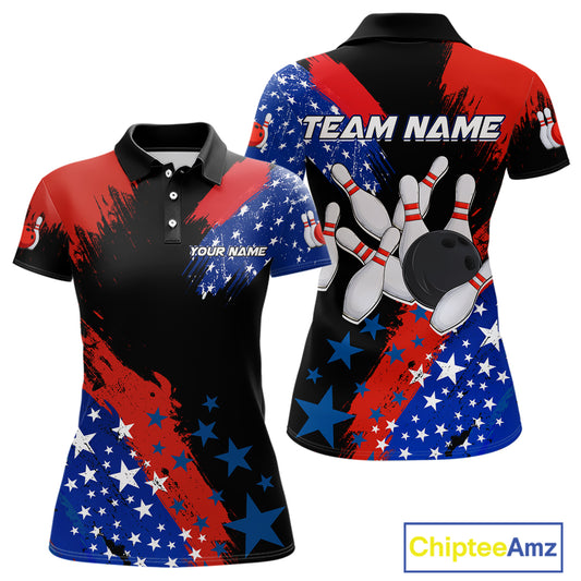American Flag Bowling Shirt Personalized Patriotic Polo Bowling Team League Gift for Bowlers QZT691