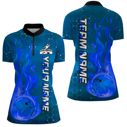 Custom Flame Bowling Shirts Bowling Jersey for Women 1/4 Zip Bowling Uniform QZT447