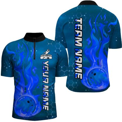 Custom Flame Bowling Shirts Bowling Jersey for Men 1/4 Zip Bowling Uniform QZT447