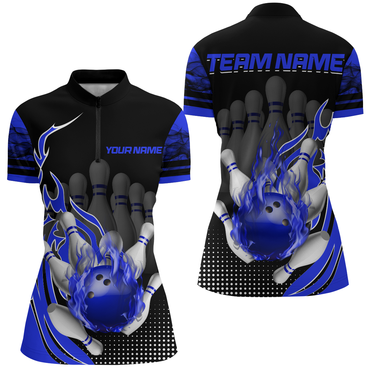 Personalized Flame Bowling Shirts Women Bowling Team League 1/4 Zip Bowling QZT410