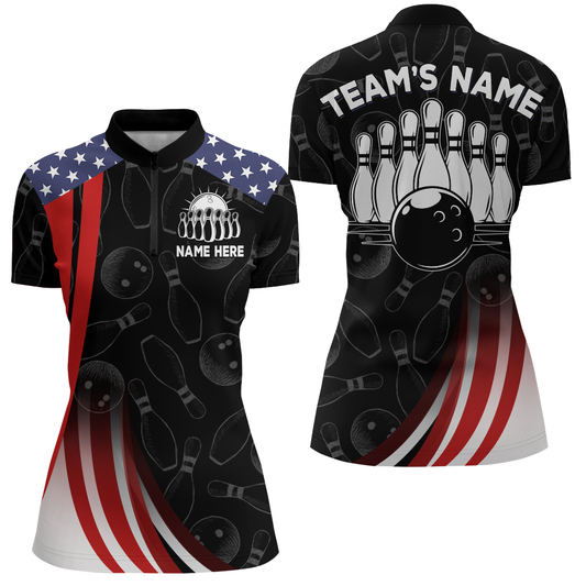 Bowling Shirt American Flag Camo Bowling Jersey Customized for Women 1/4 Zip Bowling Team League QZT262