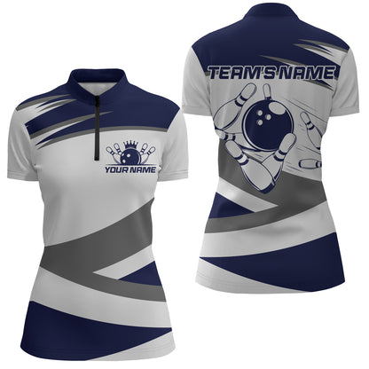 Custom Bowling Shirt for Women Navy & Grey Bowling Jersey Bowling Team League Quarter-Zip Shirt QZT1