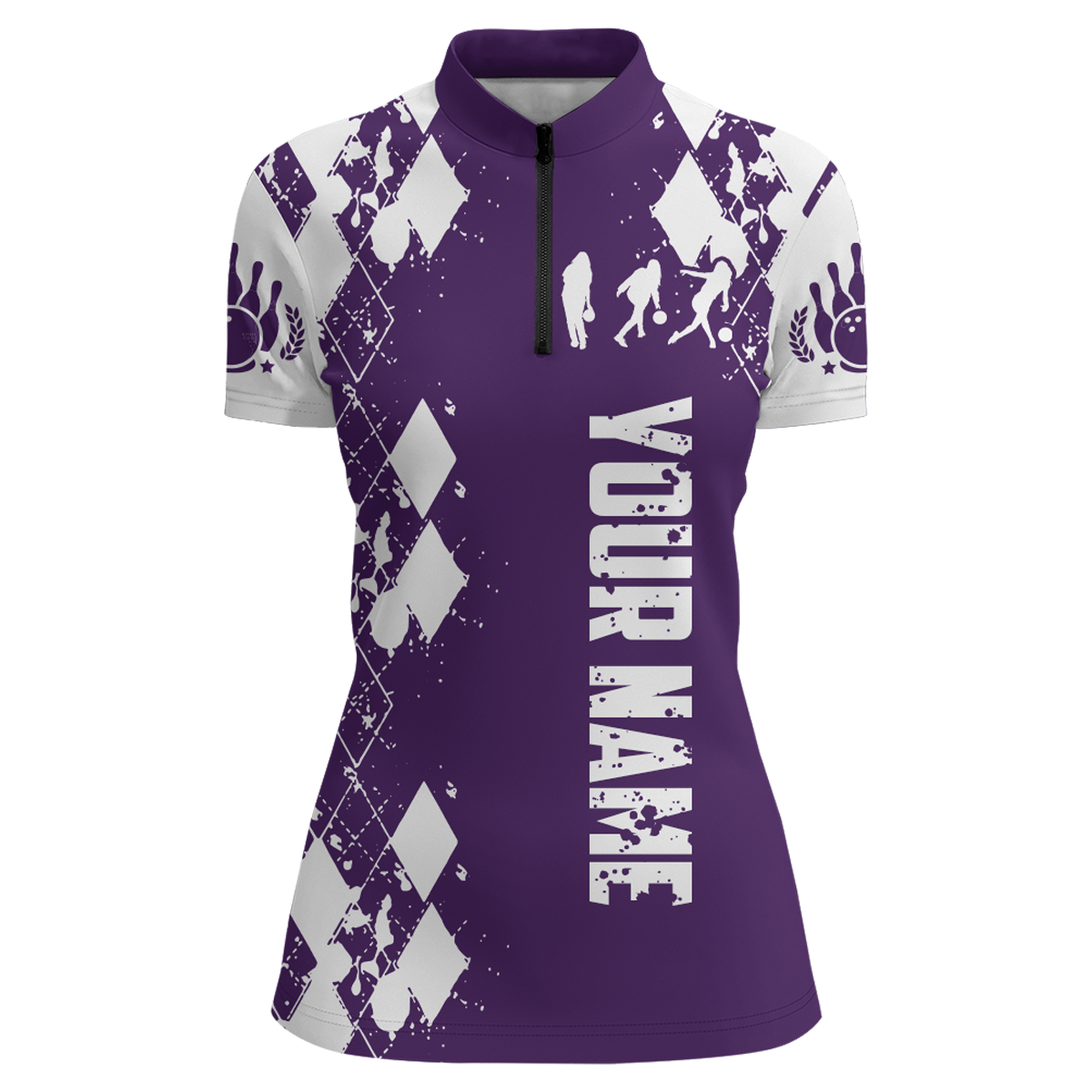 Purple White Bowling Shirt Unisex Custom Bowling Jersey Quarter-Zip Bowling Shirt for Women QZT264