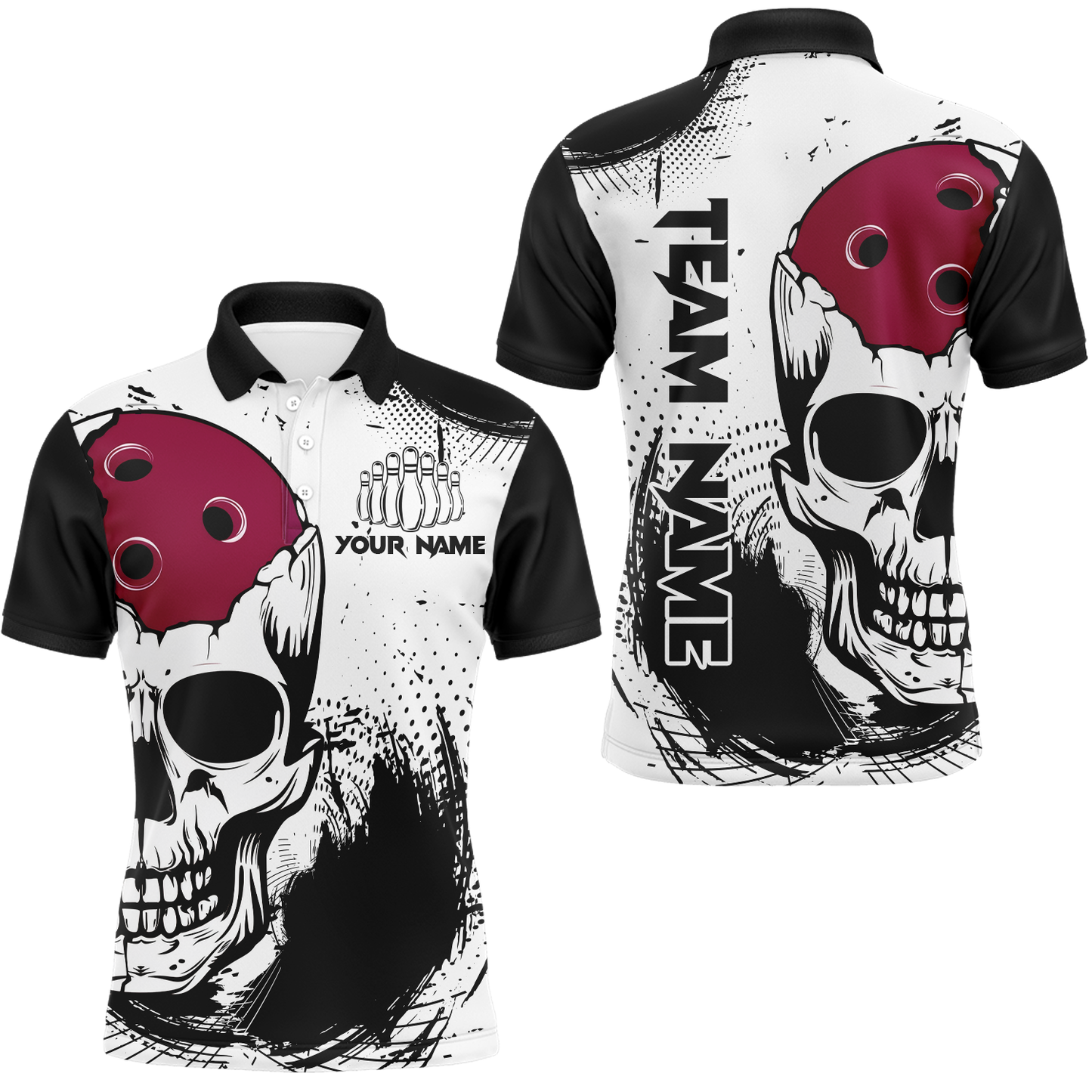A black and white polo shirt with a bowling-themed graphic that includes the text 'YOURNAME' and 'TEAM NAME' and a skull, front and back view mockup, designed for men.