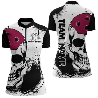Personalized Bowling Shirt Skull Bowling Team Jersey Quarter-Zip Shirt for Women QZT275