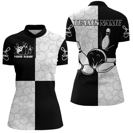 Black & White Bowling Shirt for Women Custom Bowling Team League 1/4 Zip Shirt QZT101