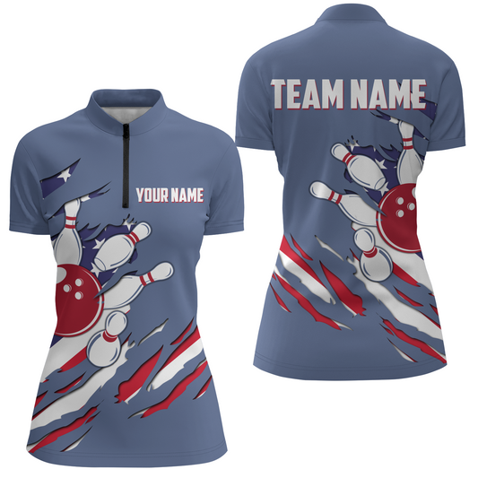American Bowling Quarter-Zip Shirt for Women Custom Bowling Team Shirt Bowlers Jersey QZT229