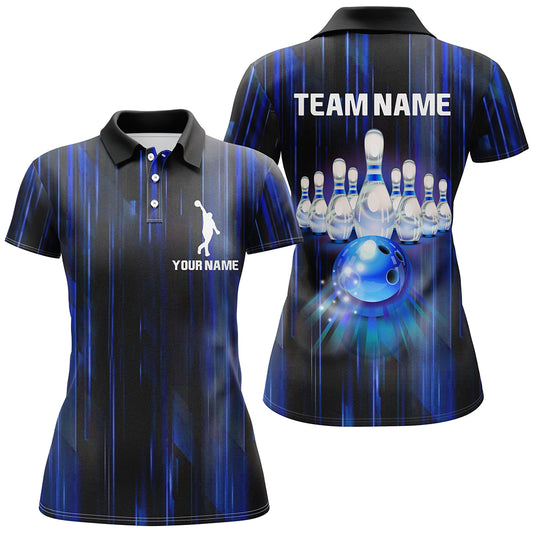 Custom Bowling Shirt For Women Blue 3D Bowling Jersey Team League Personalized Bowling Polo Shirt BDT308