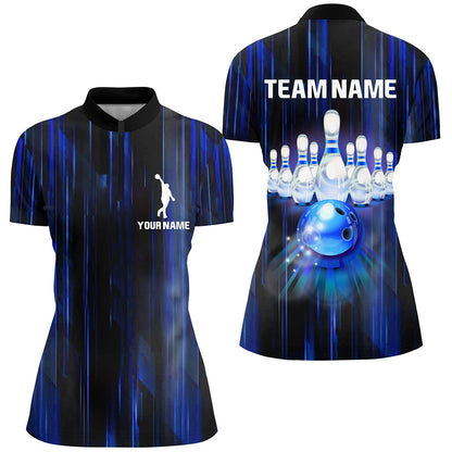 Custom Bowling Shirt Women Blue 3D Bowling Jersey Team League Personalized Bowling 1/4 Zip Shirt BDT308