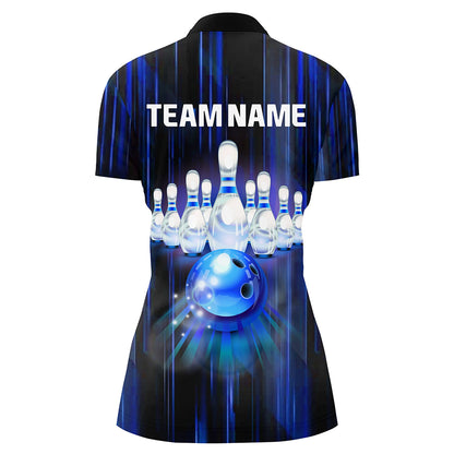Custom Bowling Shirt Women Blue 3D Bowling Jersey Team League Personalized Bowling 1/4 Zip Shirt BDT308