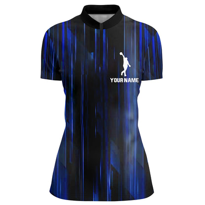 Custom Bowling Shirt Women Blue 3D Bowling Jersey Team League Personalized Bowling 1/4 Zip Shirt BDT308
