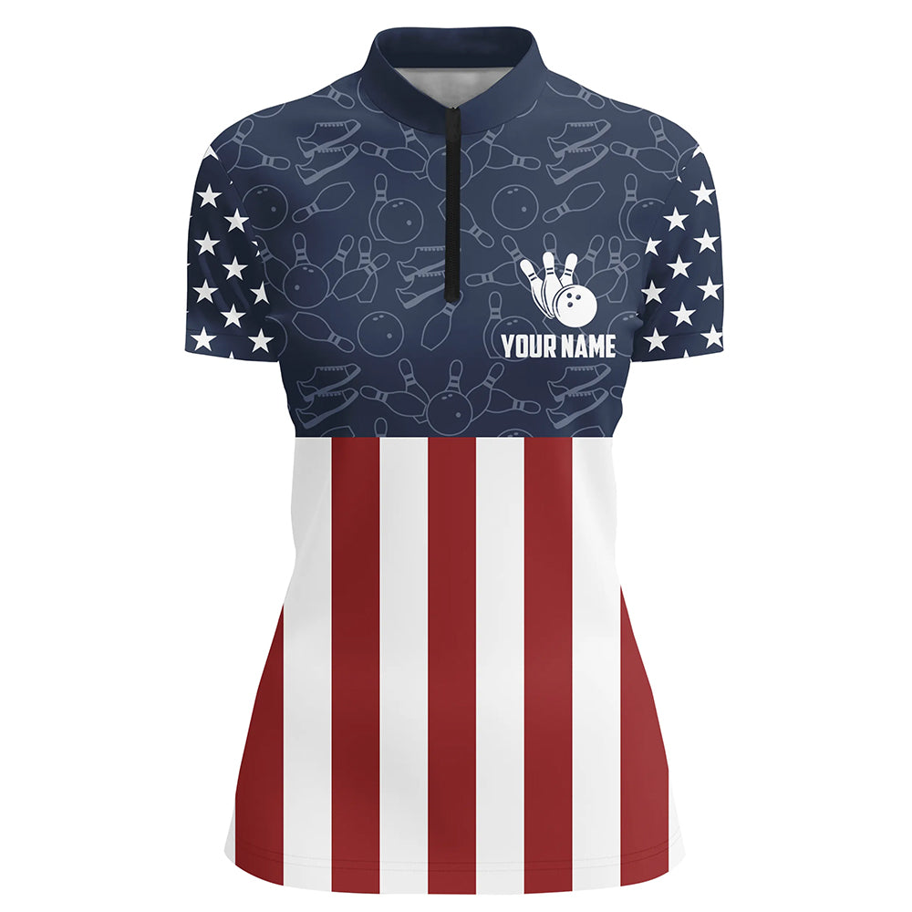American Flag Bowling Quarter-Zip Shirt For Women Custom Bowling Shirt Team League Bowling Jersey BDT311